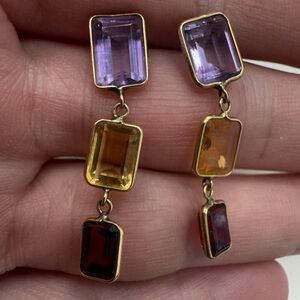 14k yellow gold amethyst, citrine and garnet dangle earrings